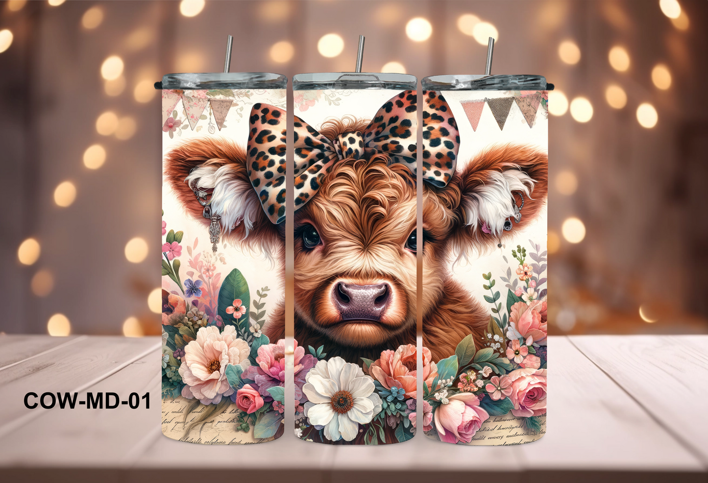 20oz (590mls) Tumbler - COW - COW -MD-01 Floral Cow with Bow