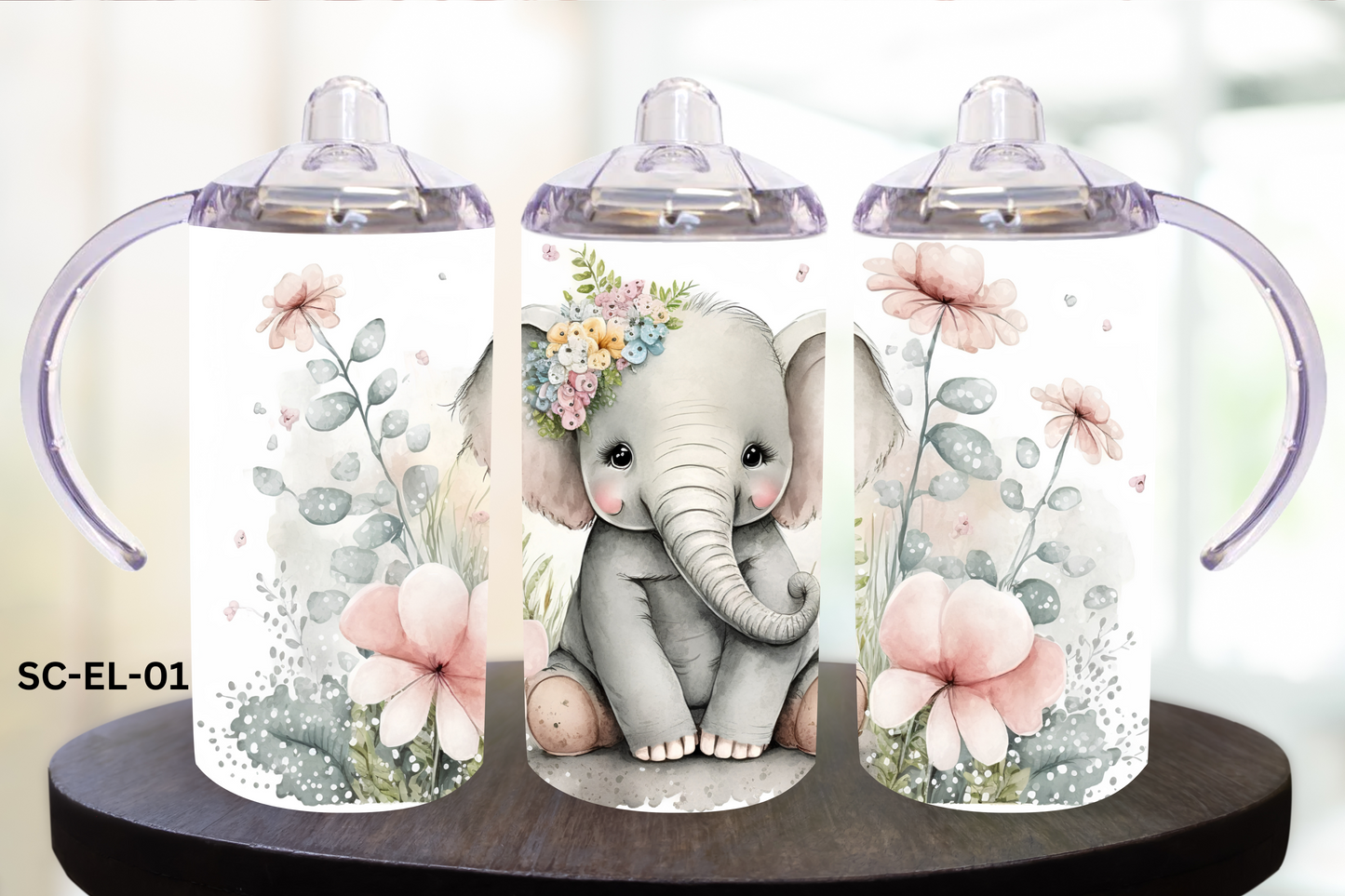 12oz Sippy Cup - Elephant with Pink Flowers - SC-EL-01