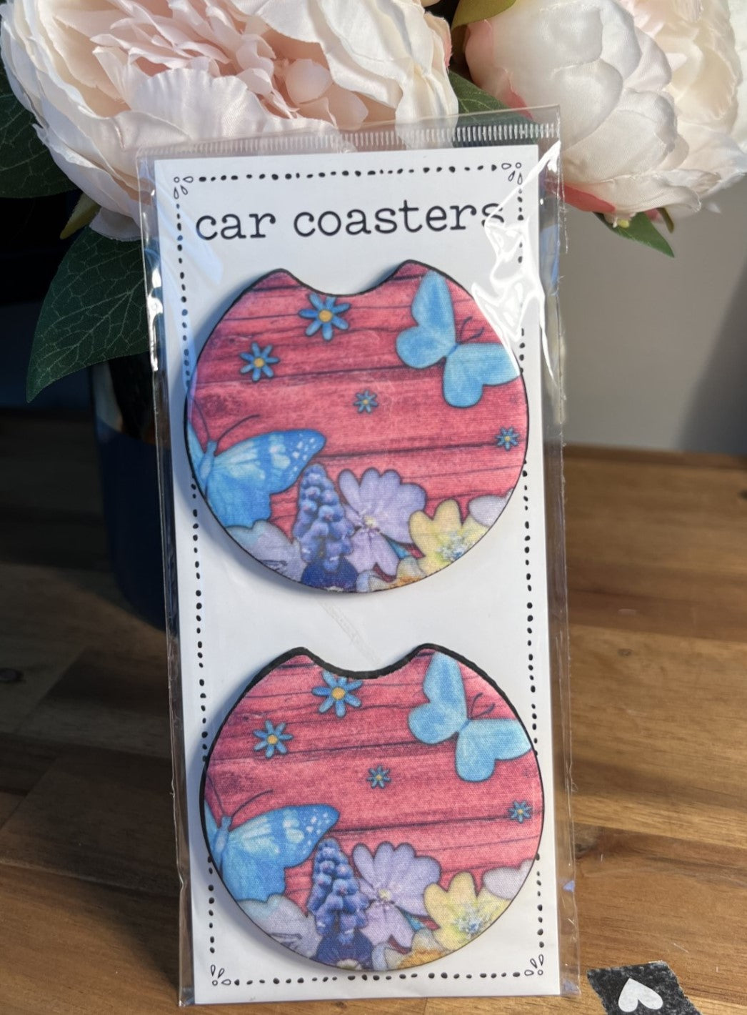 Car Coasters - Pink with Blue Butterflies